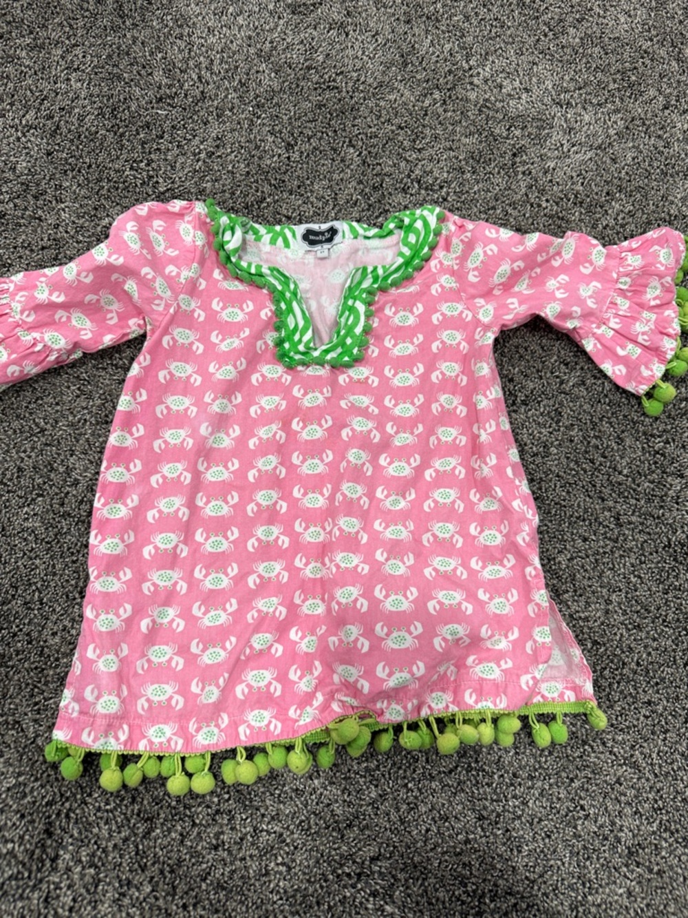 Mud Pie Pink and White Crab Print Kids Swim Coverup with Green Trim